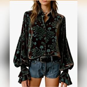 Cherrybetty NWT Brown & Turquoise Velvet Floral Print Blouse Top Size M